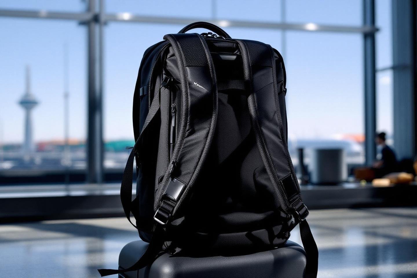 Sac à dos élégant noir sur valise, vue arrière