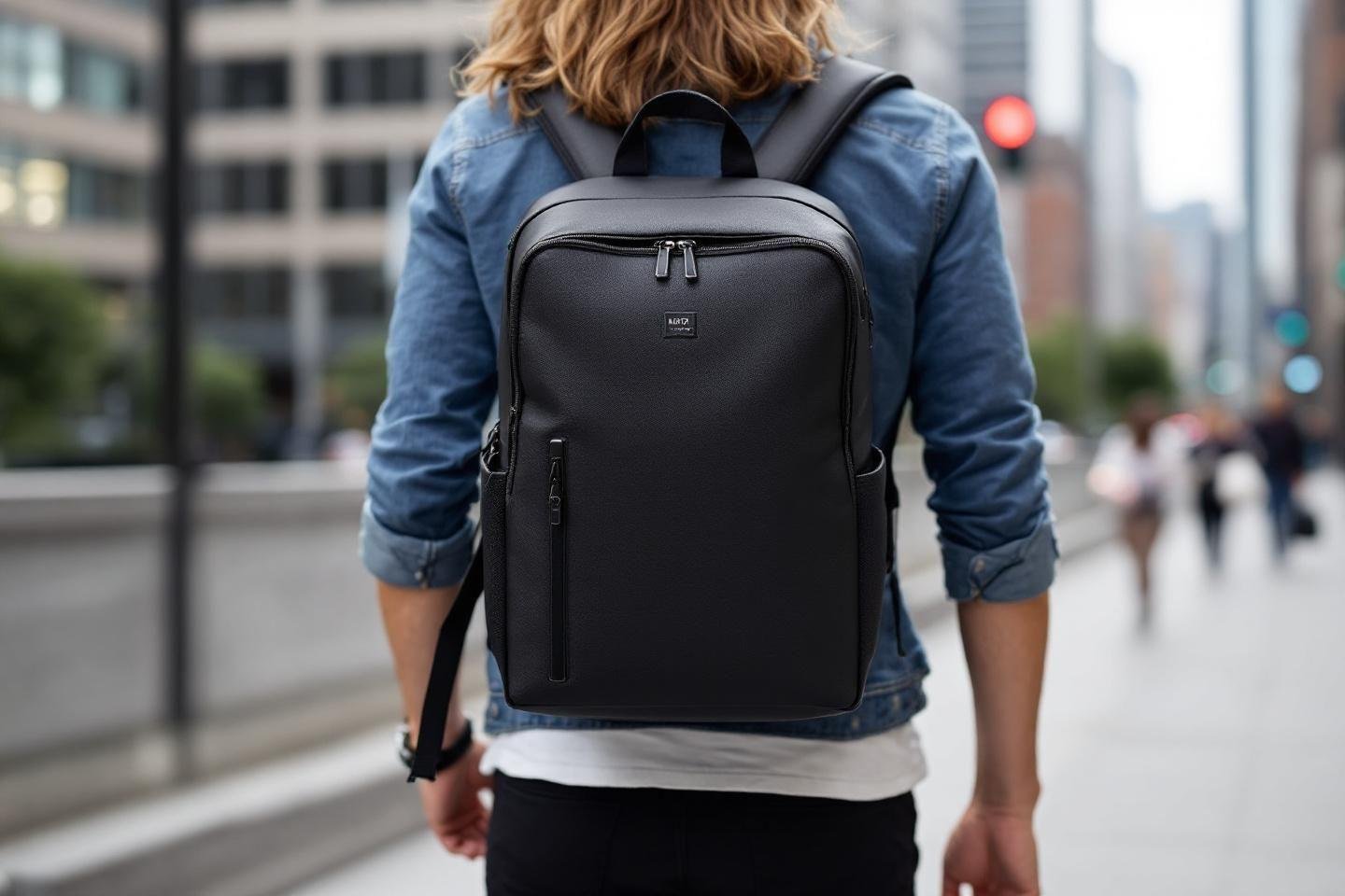 Sac à dos élégant porté dans une rue urbaine