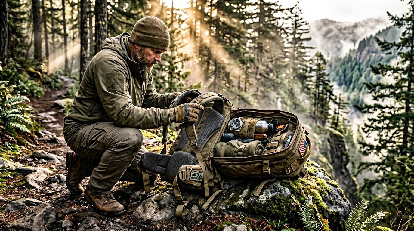 Homme dans forêt alpine vérifie son sac à dos tactique