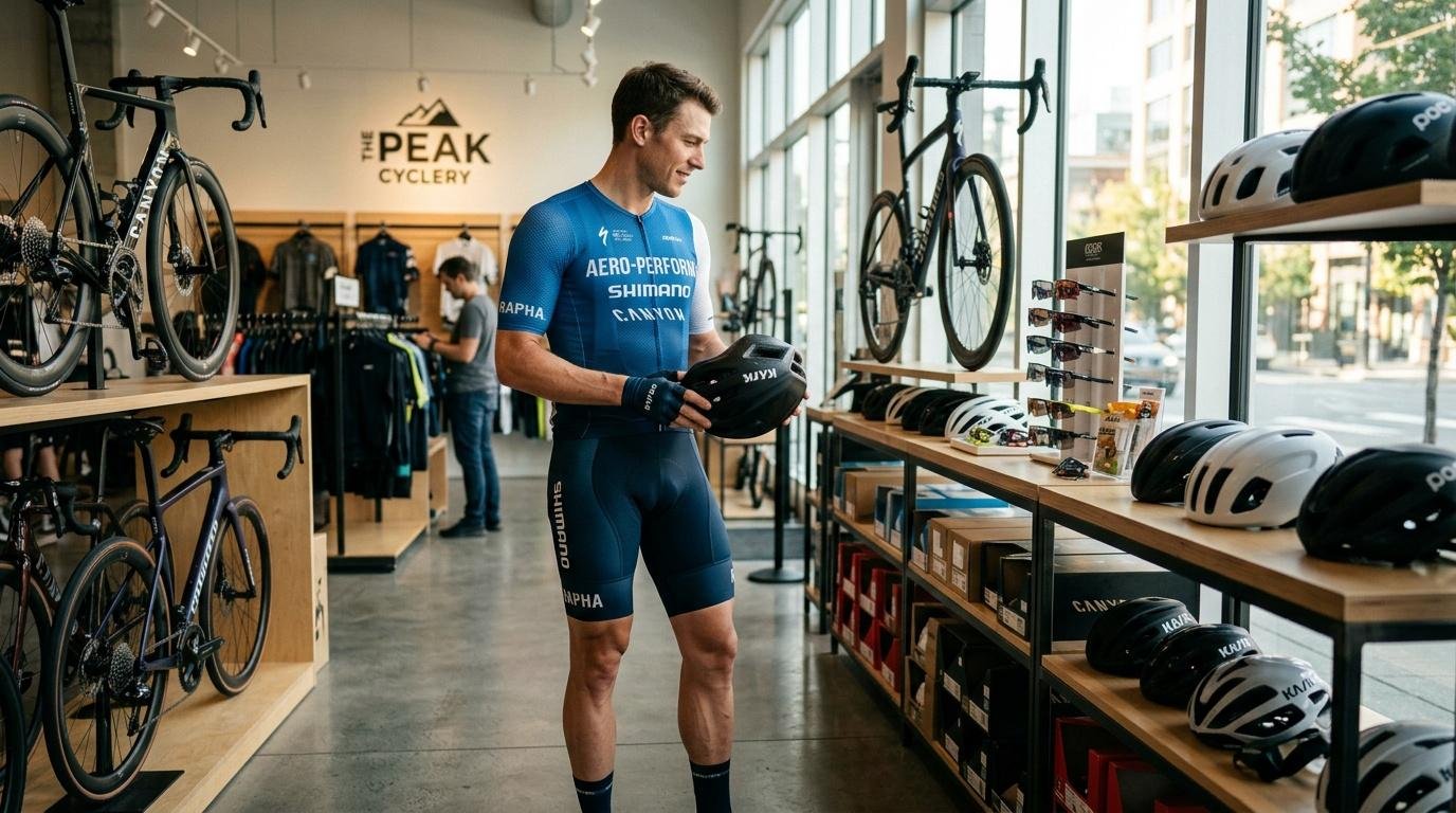 Homme en tenue de cycliste essayant un casque dans un magasin