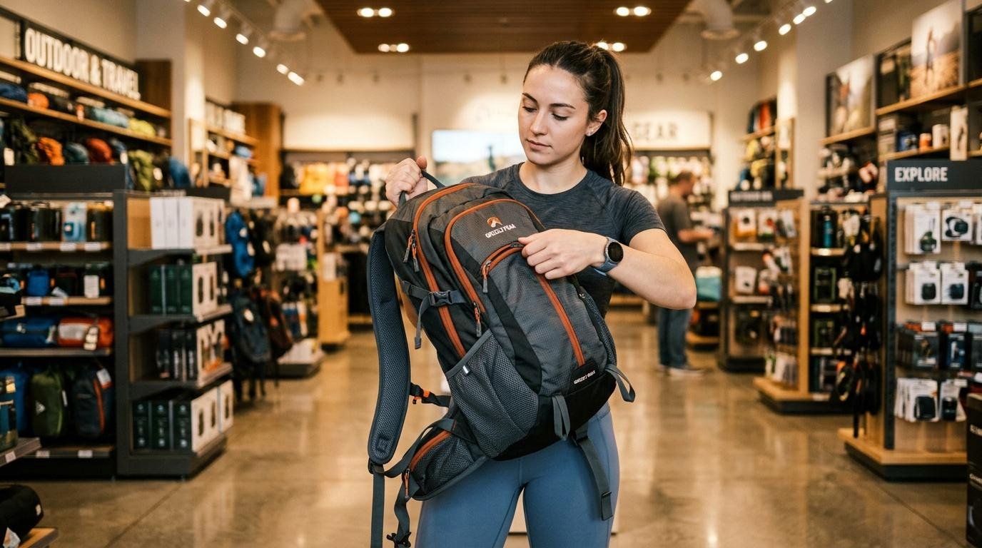 Femme essayant un sac à dos dans un magasin outdoor