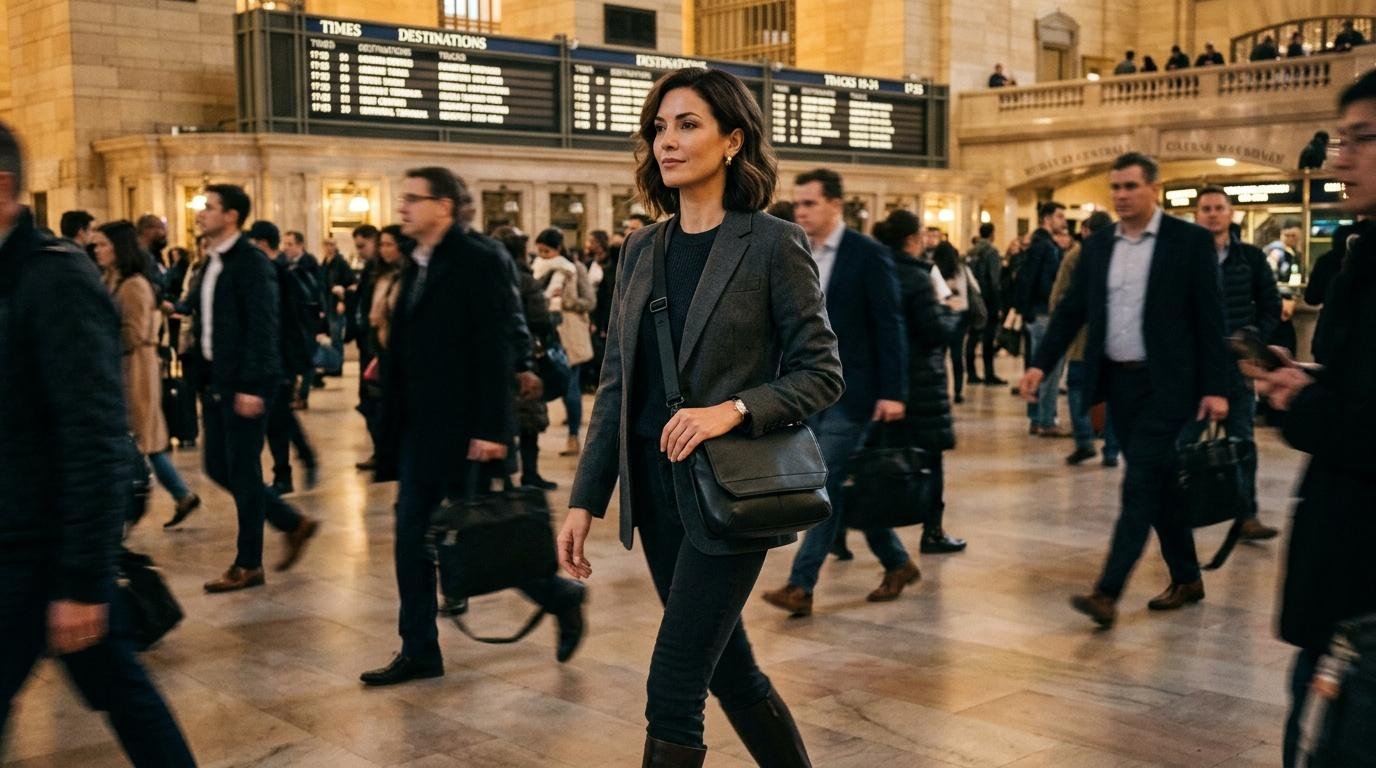 Femme en blazer gris traversant une gare avec foule