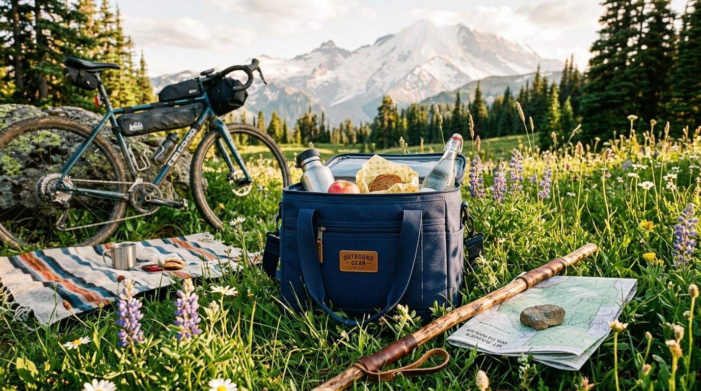Vélo, pique-nique et carte près d'une montagne enneigée