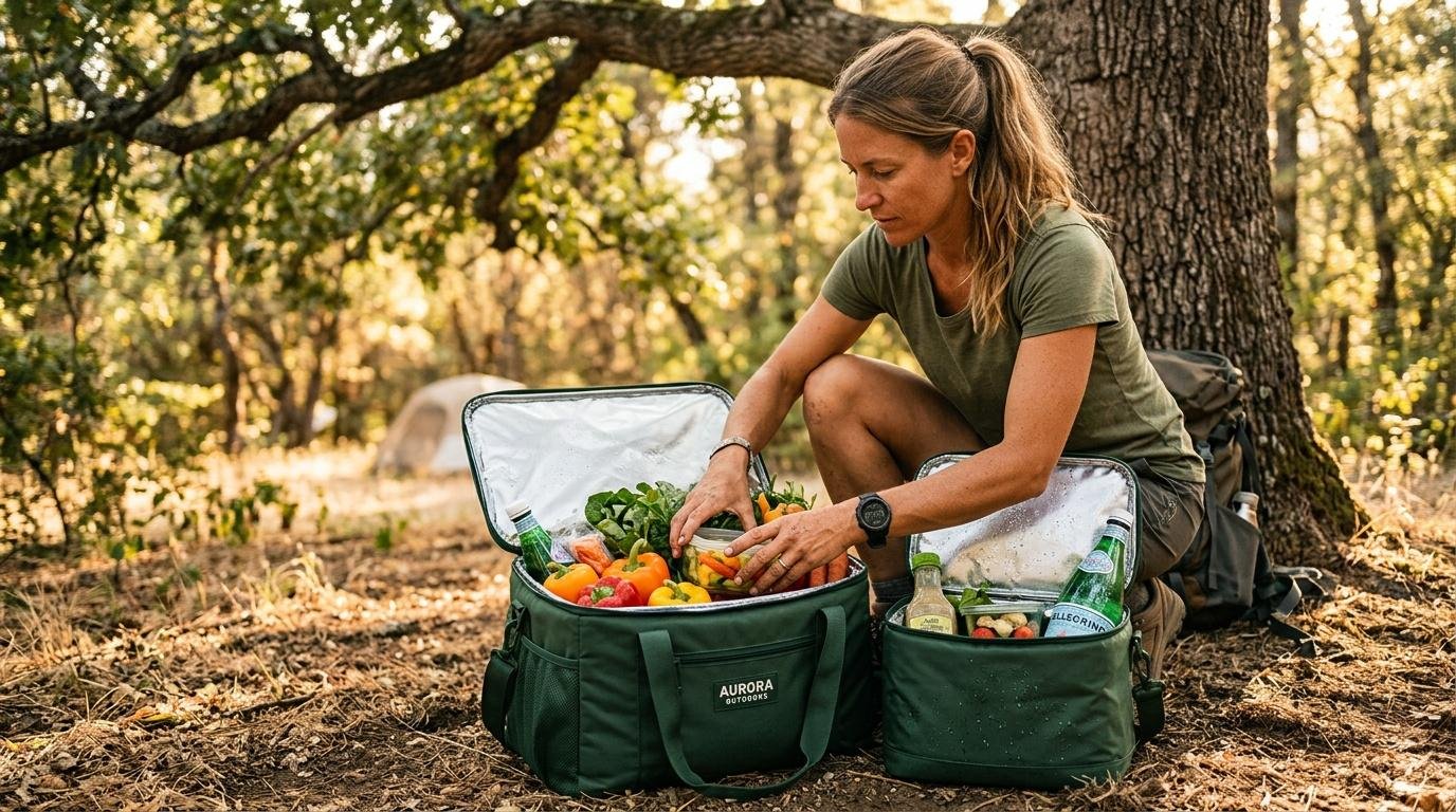 Femme préparant un repas avec fruits et légumes frais en camping