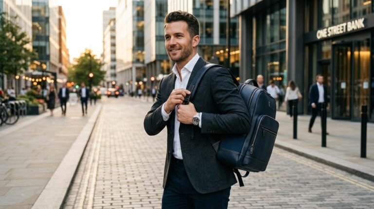 Homme d'affaires souriant marche dans rue citadine