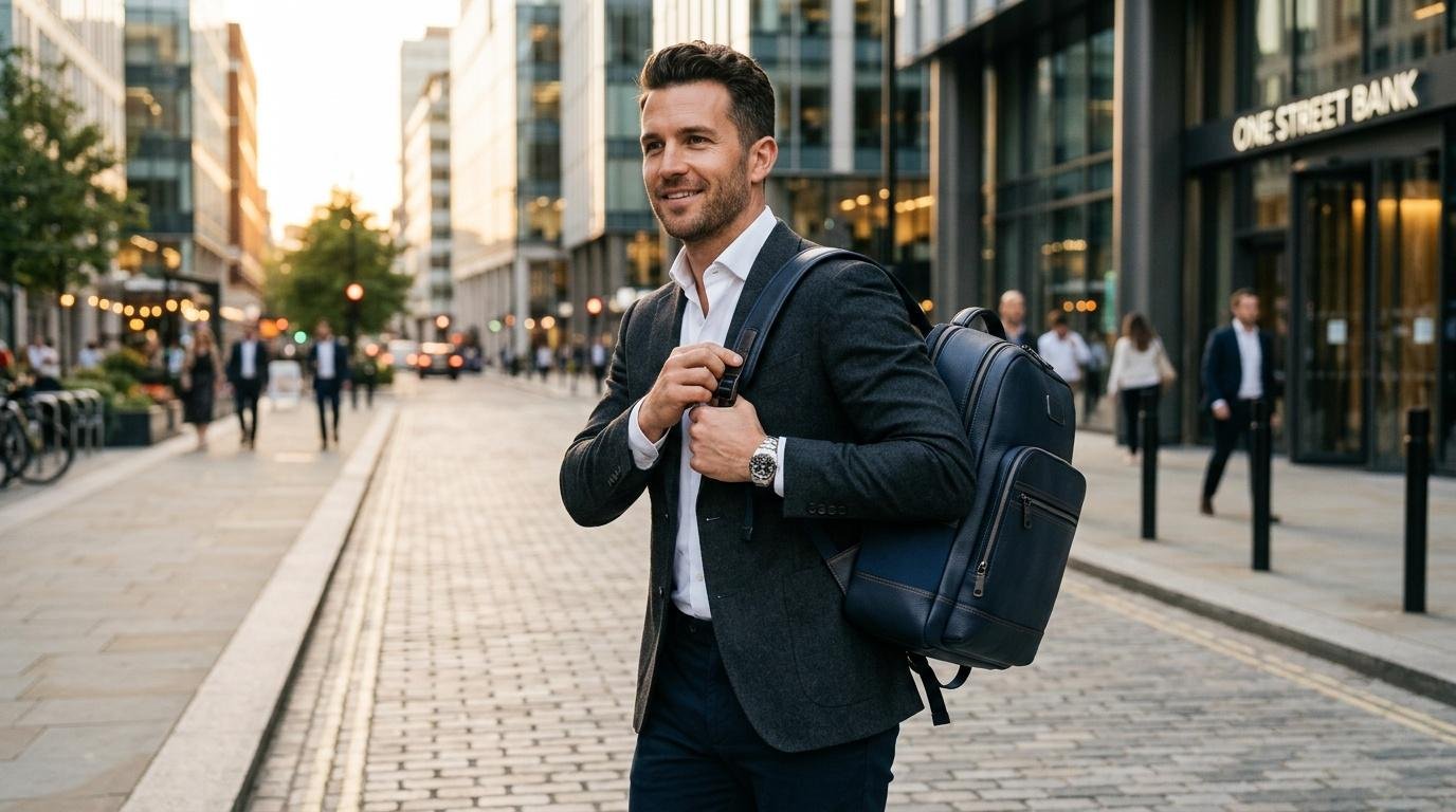 Homme d'affaires souriant marche dans rue citadine