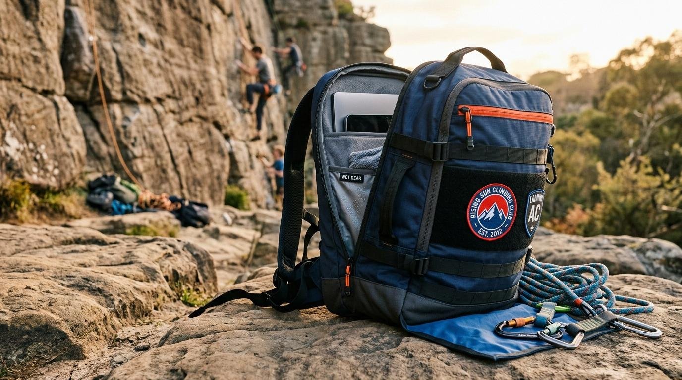 Sac à dos bleu avec matériel d'escalade et cordes près de falaise