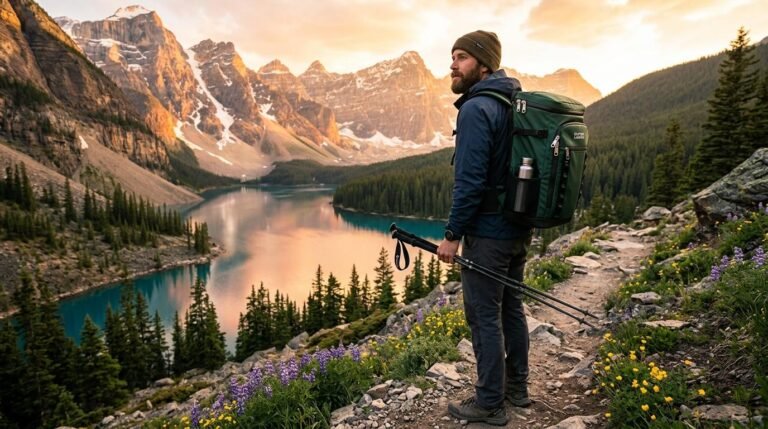 Randonneur contemplant un lac de montagne entouré de pics enneigés