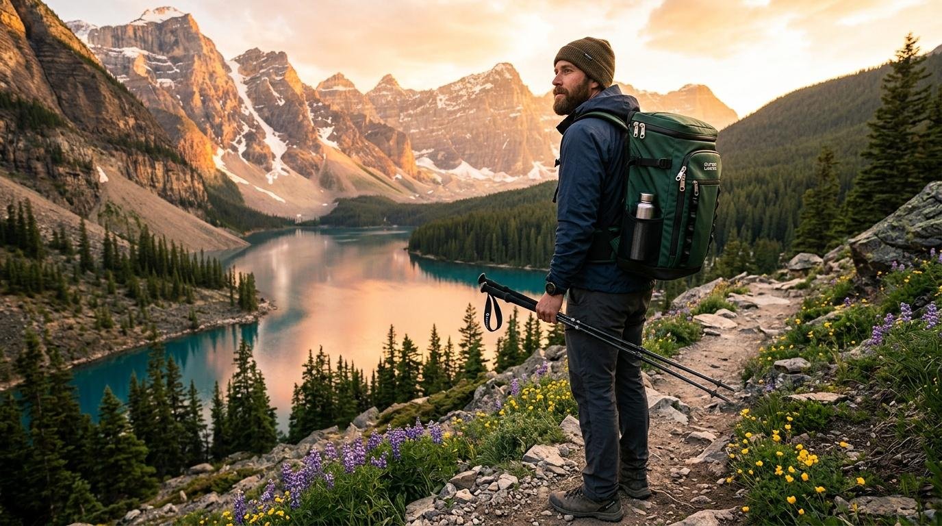 Randonneur contemplant un lac de montagne entouré de pics enneigés