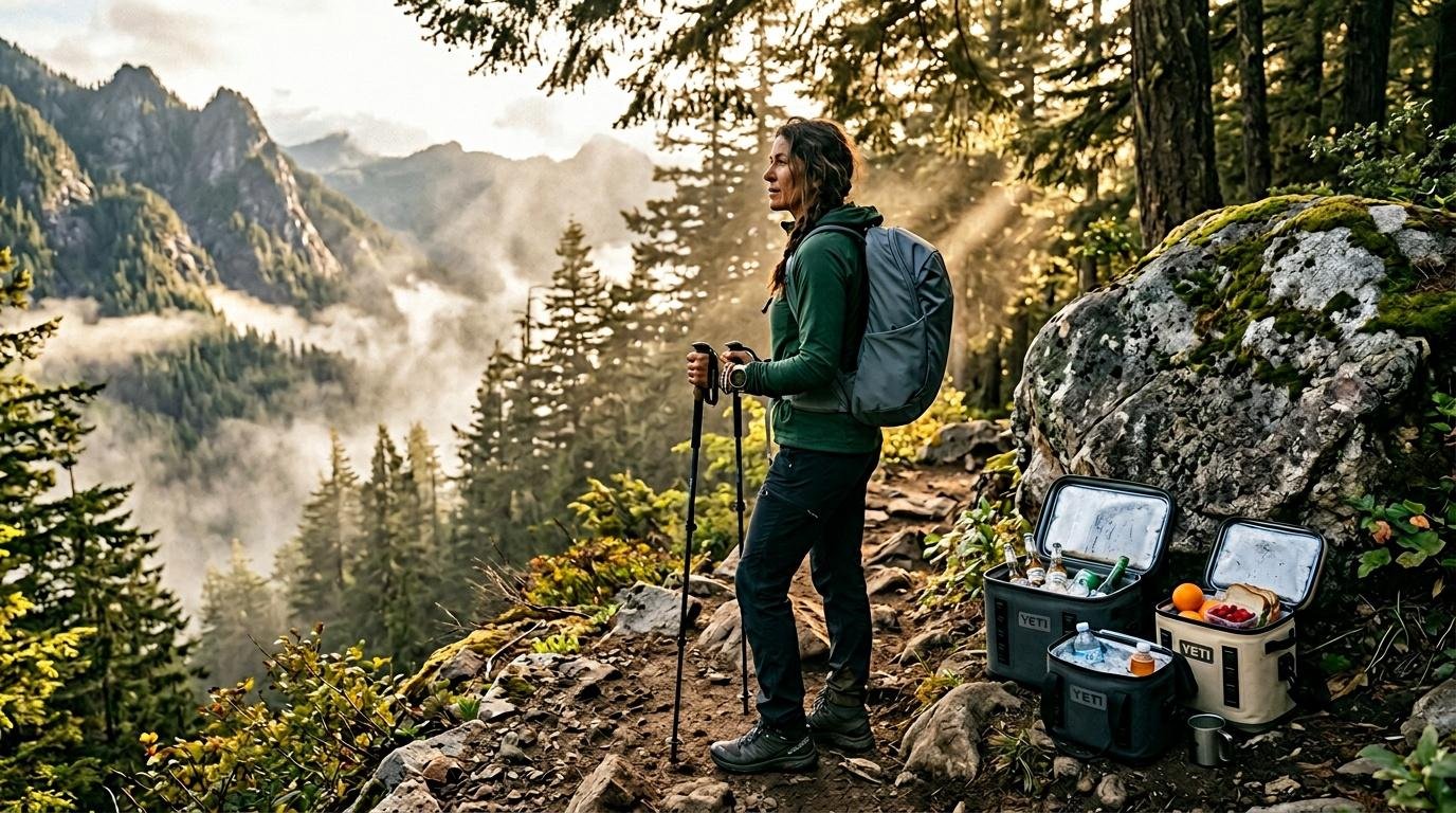 Randonneur contemplant paysage montagneux avec glacières de camping