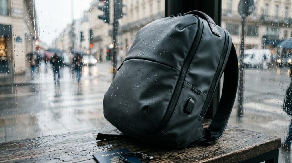 Sac à dos noir imperméable posé sur rebord mouillé, rue urbaine pluvieuse