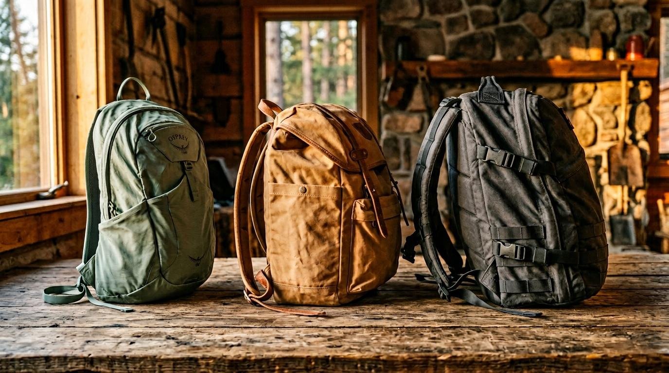 Trois sacs à dos colorés alignés sur plancher bois rustique