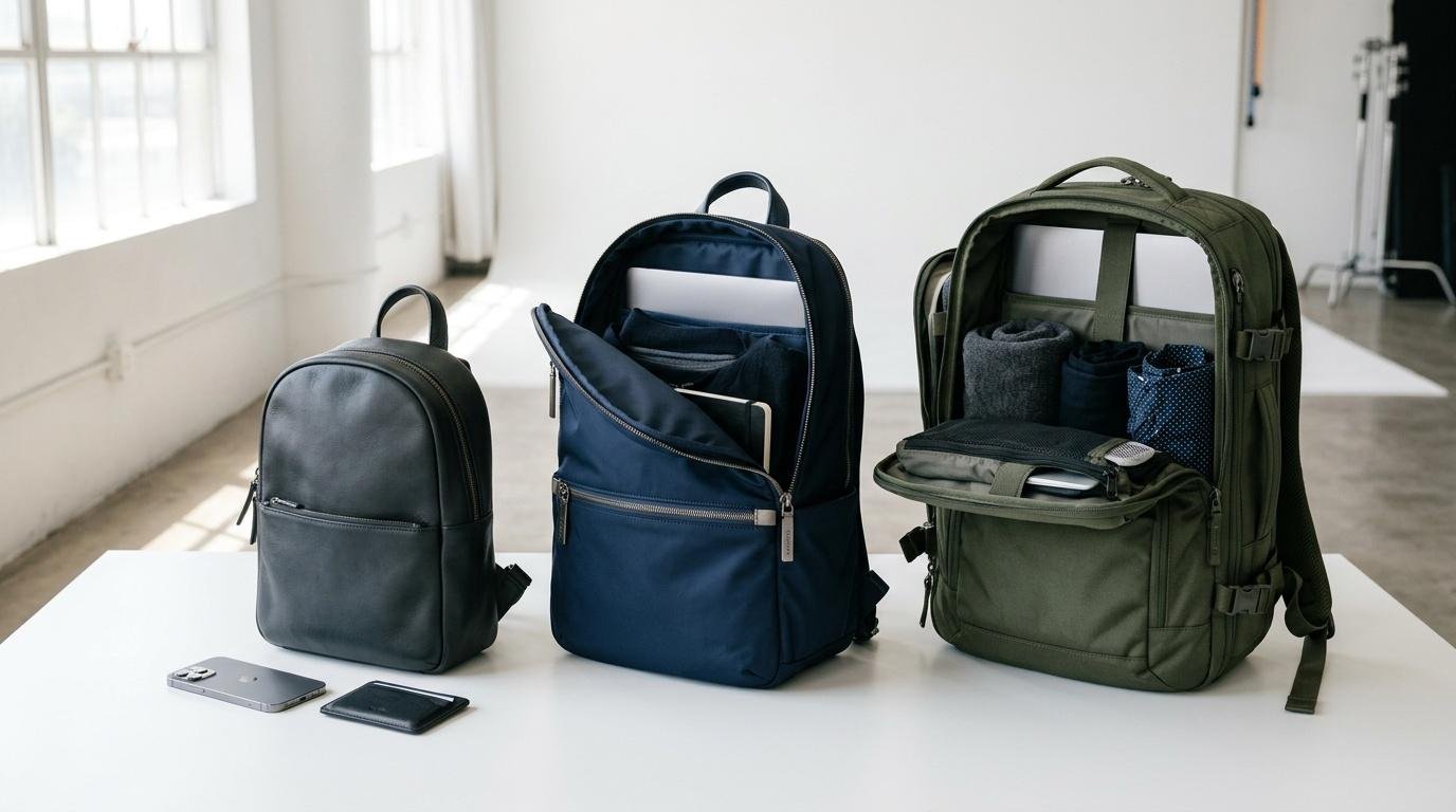 Trois backpacks ouverts affichant leurs compartiments et contenu