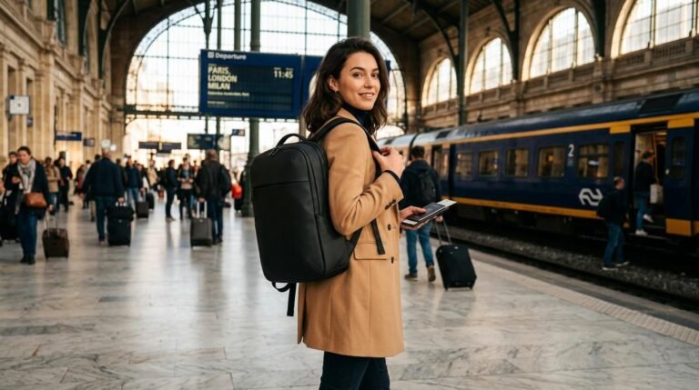 Femme avec sac à dos dans une gare de train