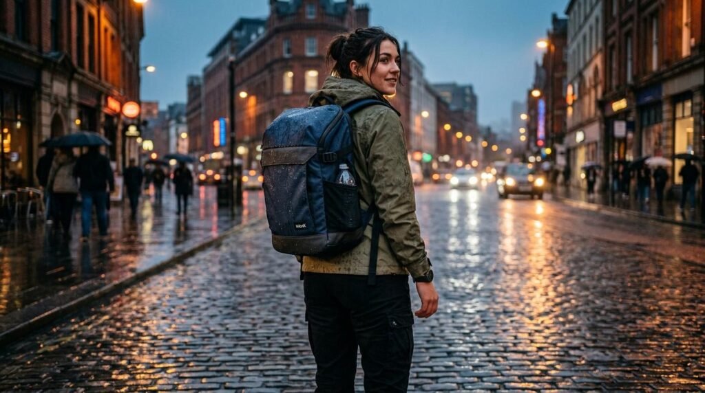 Femme avec sac à dos dans rue pavée mouillée, ville illuminée soir