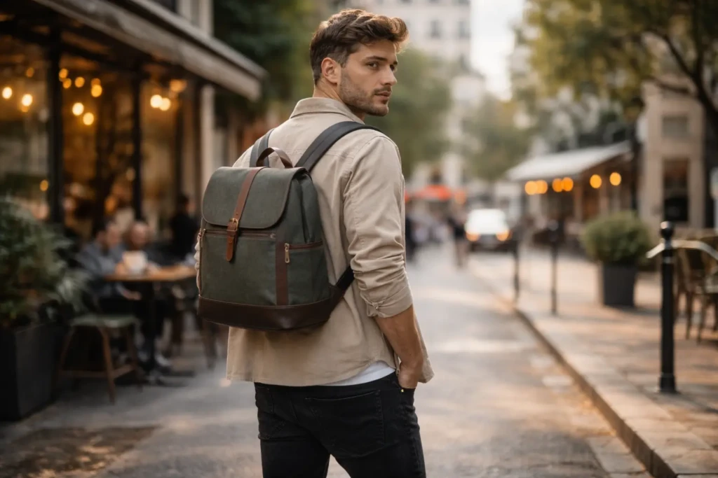 Homme stylé avec un sac à dos tendance en ville au crépuscule